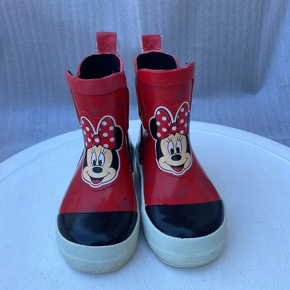 Disney Girl Minnie Mouse Mid Height Easy Slip-on Waterproof Rubber Boots - Sz 4